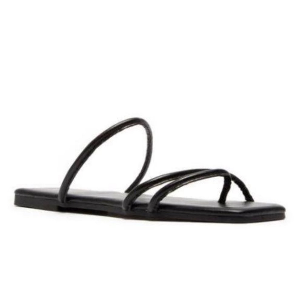 Black Square Toe Strappy Slide Sandals - Picture 2 of 6